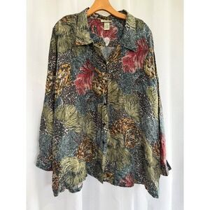 Vintage 100% Silk Blouse Plus Size 22/24 Button Up Tiger Tropical Resortwear